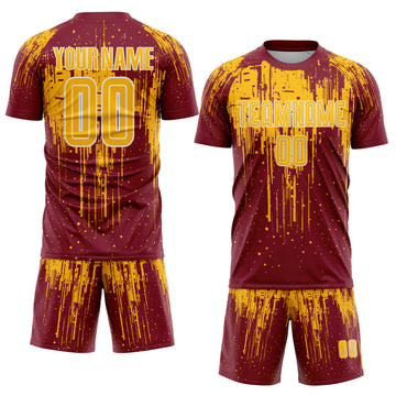 Custom Crimson Gold-White Dripping Splatte Pattern Sports Sublimation Soccer Uniform Jersey