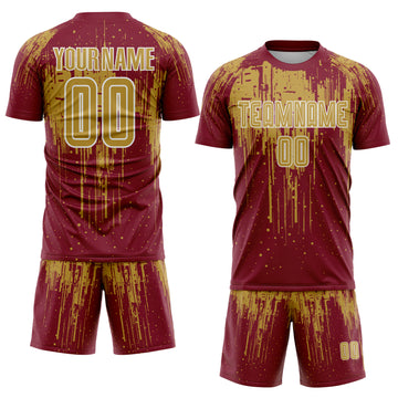 Custom Crimson Old Gold-White Dripping Splatte Pattern Sports Sublimation Soccer Uniform Jersey