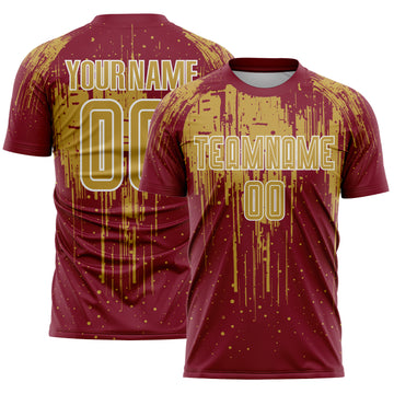 Custom Crimson Old Gold-White Dripping Splatte Pattern Sports Sublimation Soccer Uniform Jersey