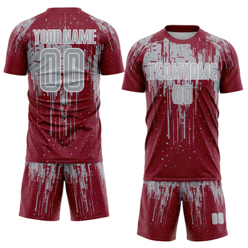 Custom Crimson Gray-White Dripping Splatte Pattern Sports Sublimation Soccer Uniform Jersey