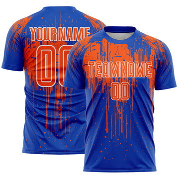 Custom Thunder Blue Orange-White Dripping Splatte Pattern Sports Sublimation Soccer Uniform Jersey