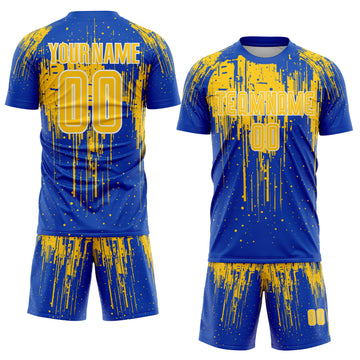 Custom Thunder Blue Yellow-White Dripping Splatte Pattern Sports Sublimation Soccer Uniform Jersey