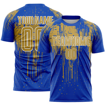 Custom Thunder Blue Old Gold-White Dripping Splatte Pattern Sports Sublimation Soccer Uniform Jersey