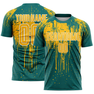 Custom Teal Gold-White Dripping Splatte Pattern Sports Sublimation Soccer Uniform Jersey