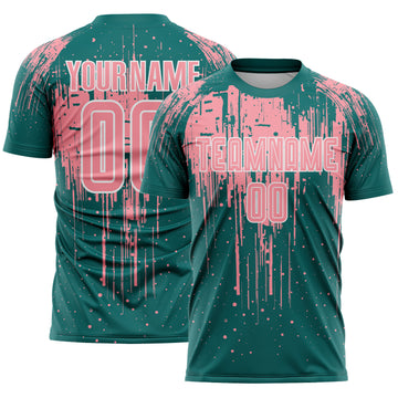 Custom Teal Medium Pink-White Dripping Splatte Pattern Sports Sublimation Soccer Uniform Jersey