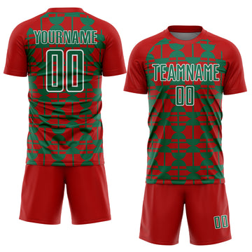 Custom Red Kelly Green-White Geometric Shapes Sports Sublimation Soccer Uniform Jersey