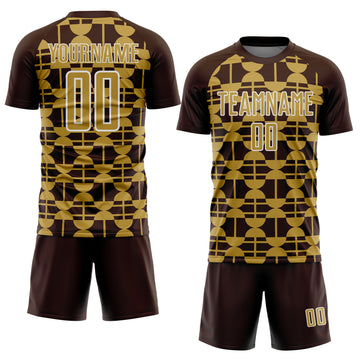 Custom Brown Old Gold-White Geometric Shapes Sports Sublimation Soccer Uniform Jersey