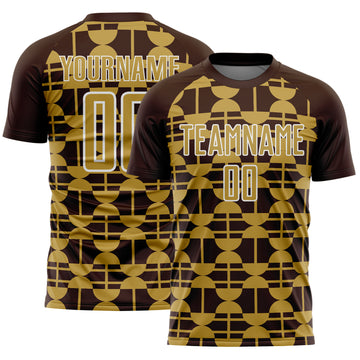 Custom Brown Old Gold-White Geometric Shapes Sports Sublimation Soccer Uniform Jersey