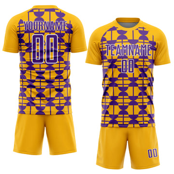 Custom Gold Purple-White Geometric Shapes Sports Sublimation Soccer Uniform Jersey