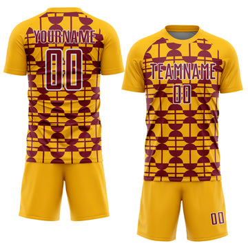 Custom Gold Crimson-White Geometric Shapes Sports Sublimation Soccer Uniform Jersey