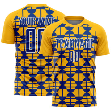 Custom Gold Royal-White Geometric Shapes Sports Sublimation Soccer Uniform Jersey