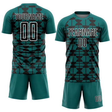 Custom Teal Black-White Geometric Shapes Sports Sublimation Soccer Uniform Jersey