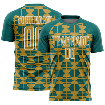 Custom Teal Old Gold-White Geometric Shapes Sports Sublimation Soccer Uniform Jersey