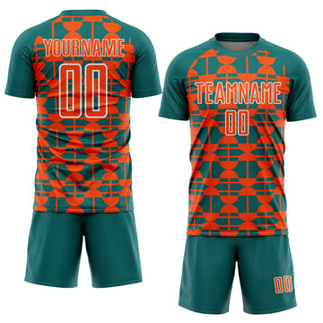 Custom Teal Orange-White Geometric Shapes Sports Sublimation Soccer Uniform Jersey
