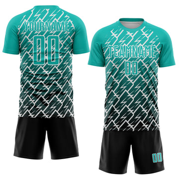 Custom Aqua Black-White Lightning Sports Sublimation Soccer Uniform Jersey