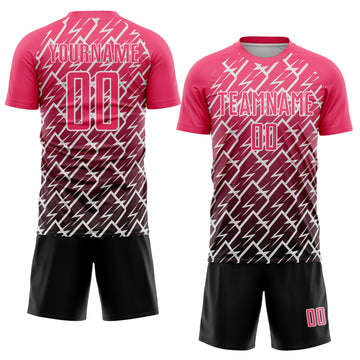 Custom Neon Pink Black-White Lightning Sports Sublimation Soccer Uniform Jersey