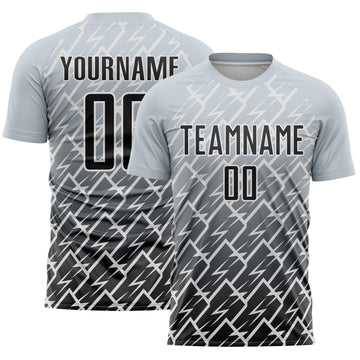 Custom Silver Black-White Lightning Sports Sublimation Soccer Uniform Jersey