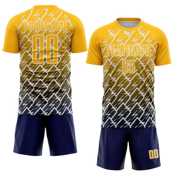 Custom Gold Navy-White Lightning Sports Sublimation Soccer Uniform Jersey