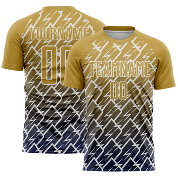Custom Old Gold Navy-White Lightning Sports Sublimation Soccer Uniform Jersey