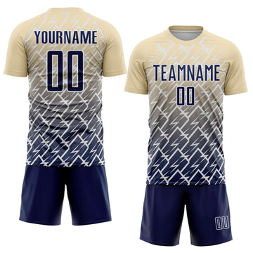 Custom Cream Navy-White Lightning Sports Sublimation Soccer Uniform Jersey