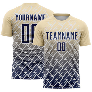 Custom Cream Navy-White Lightning Sports Sublimation Soccer Uniform Jersey