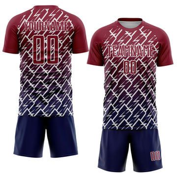 Custom Crimson Navy-White Lightning Sports Sublimation Soccer Uniform Jersey