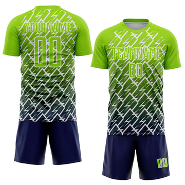 Custom Neon Green Navy-White Lightning Sports Sublimation Soccer Uniform Jersey
