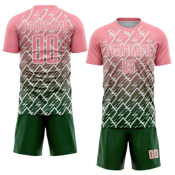 Custom Medium Pink Green-White Lightning Sports Sublimation Soccer Uniform Jersey