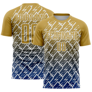 Custom Old Gold Royal-White Lightning Sports Sublimation Soccer Uniform Jersey