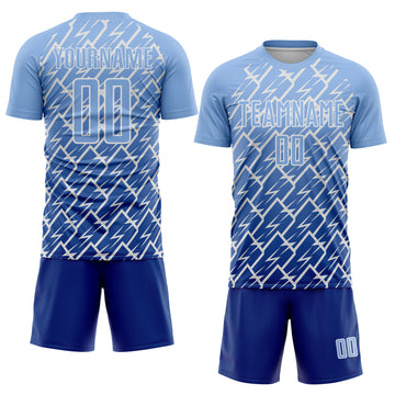 Custom Light Blue Royal-White Lightning Sports Sublimation Soccer Uniform Jersey