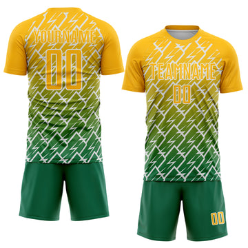 Custom Gold Kelly Green-White Lightning Sports Sublimation Soccer Uniform Jersey