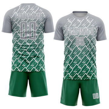 Custom Gray Kelly Green-White Lightning Sports Sublimation Soccer Uniform Jersey
