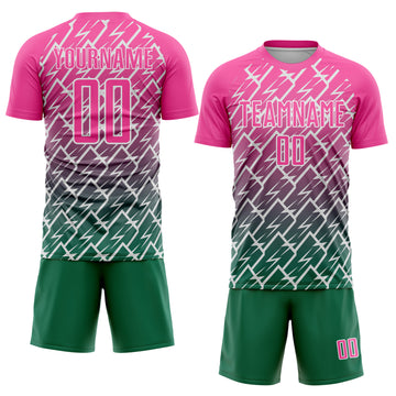 Custom Pink Kelly Green-White Lightning Sports Sublimation Soccer Uniform Jersey