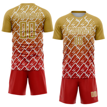 Custom Old Gold Red-White Lightning Sports Sublimation Soccer Uniform Jersey