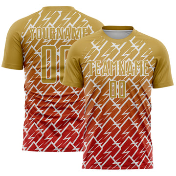 Custom Old Gold Red-White Lightning Sports Sublimation Soccer Uniform Jersey