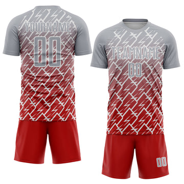 Custom Gray Red-White Lightning Sports Sublimation Soccer Uniform Jersey