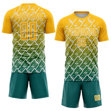 Custom Gold Teal-White Lightning Sports Sublimation Soccer Uniform Jersey