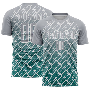 Custom Gray Teal-White Lightning Sports Sublimation Soccer Uniform Jersey