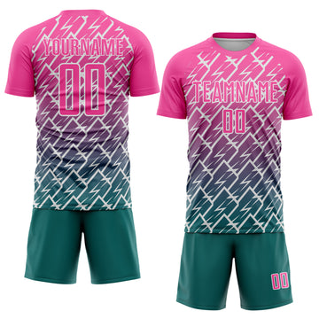 Custom Pink Teal-White Lightning Sports Sublimation Soccer Uniform Jersey