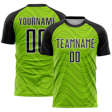 Custom Neon Green Black-White Wavy Lines Sports Sublimation Soccer Uniform Jersey