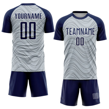 Custom Silver Navy-White Wavy Lines Sports Sublimation Soccer Uniform Jersey