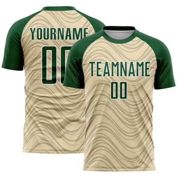Custom Cream Green-White Wavy Lines Sports Sublimation Soccer Uniform Jersey