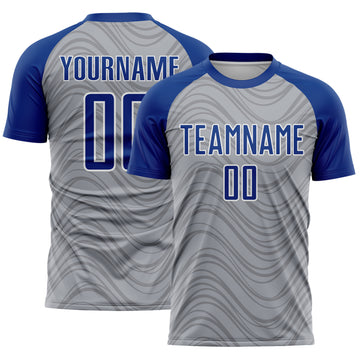 Custom Gray Royal-White Wavy Lines Sports Sublimation Soccer Uniform Jersey