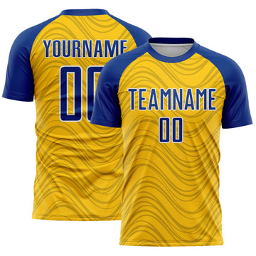 Custom Yellow Royal-White Wavy Lines Sports Sublimation Soccer Uniform Jersey