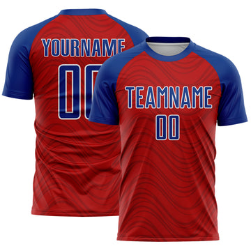 Custom Red Royal-White Wavy Lines Sports Sublimation Soccer Uniform Jersey
