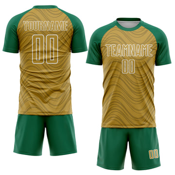 Custom Old Gold Kelly Green-White Wavy Lines Sports Sublimation Soccer Uniform Jersey