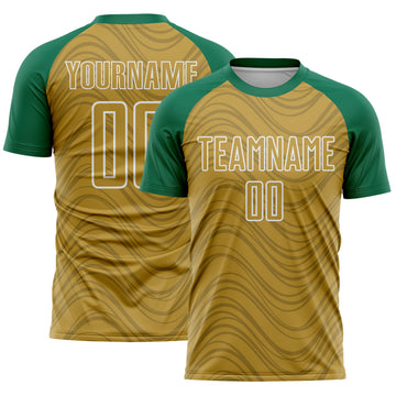 Custom Old Gold Kelly Green-White Wavy Lines Sports Sublimation Soccer Uniform Jersey
