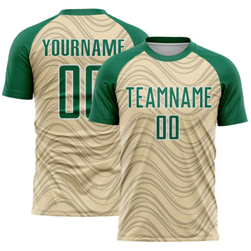 Custom Cream Kelly Green-White Wavy Lines Sports Sublimation Soccer Uniform Jersey