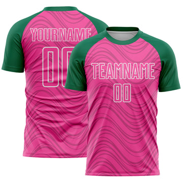 Custom Pink Kelly Green-White Wavy Lines Sports Sublimation Soccer Uniform Jersey