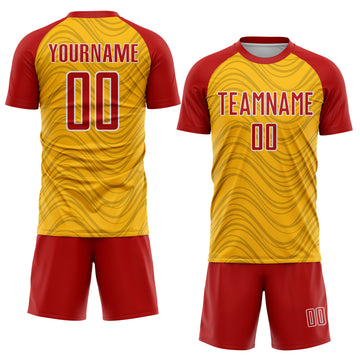 Custom Gold Red-White Wavy Lines Sports Sublimation Soccer Uniform Jersey